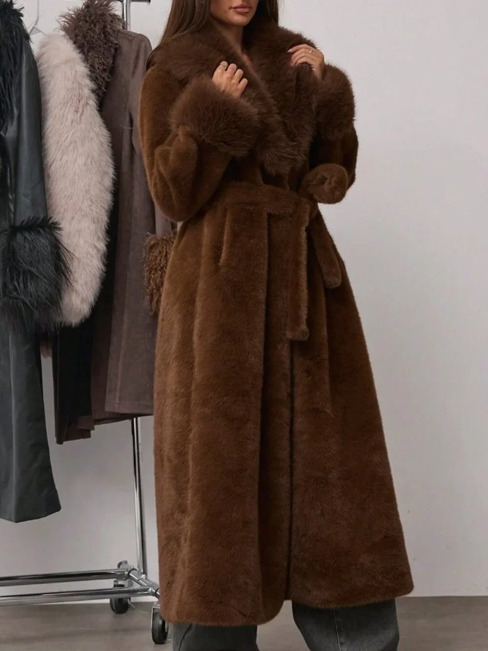 Mocha Brown Women's Shawl Collar Long Sleeve Pocket Belt Faux Fur Trench Coat
